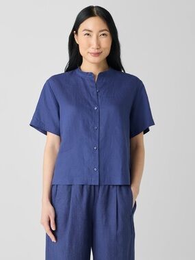 Eileen Fisher Short-Sleeve Button-Front Top in Deep Blue